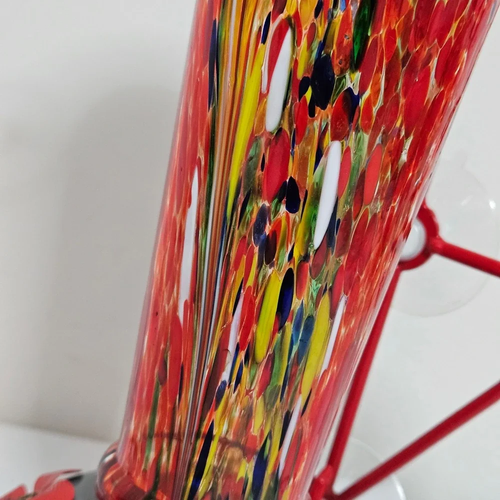 Jola's House Hand‎ Blown Glass Art Hummingbird Feeder Red Window Mount 16 oz